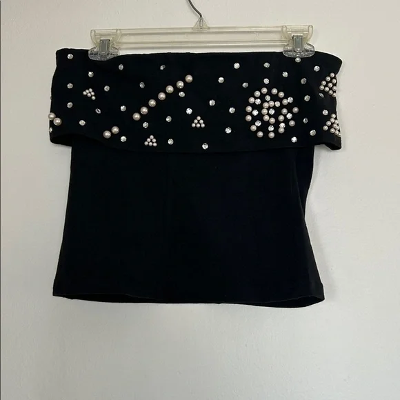 Vintage Black Strapless Top with Pearl and Rhinestone Embellishments Size Medium - Picture 3 of 3
